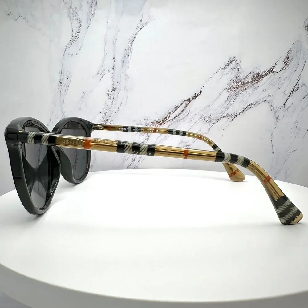 New Burberry Sunglasses Black Front Round Pantos Frame Checkered Arms Gray Lens - Picture 6 of 16